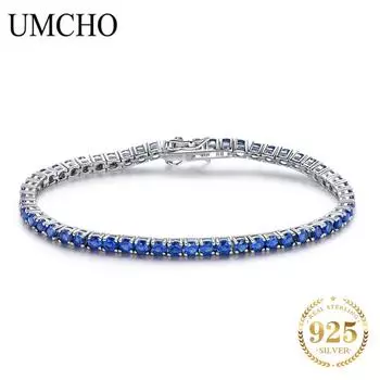 Браслет Umcho из настоящего стерлингового серебра 925 пробы с натуральным драгоценным камнем для женщин сапфировый