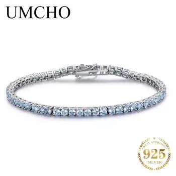 Браслет Umcho из настоящего стерлингового серебра 925 пробы с натуральным драгоценным камнем для женщин сапфировый