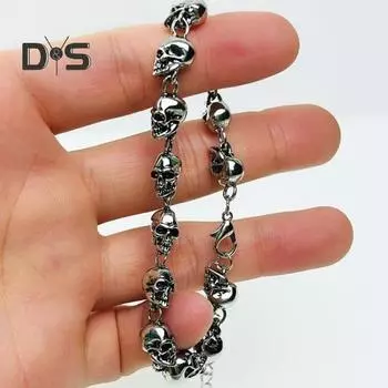 Браслет унисекс с подвеской в виде черепа в винтажном стиле панк-стиль, зажим-лобстер, сплав, полированный, готический, наручные украшения, браслет для вечеринок на Хэллоуин и косплея серебряный