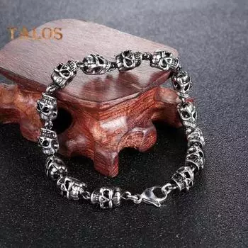 Браслет унисекс с подвеской в виде черепа в винтажном стиле панк-стиль, зажим-лобстер, сплав, полированный, готический, наручные украшения, браслет для вечеринок на Хэллоуин и косплея серебряный