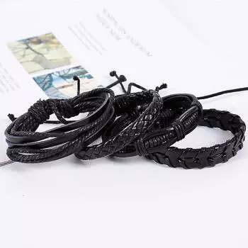 Браслет Винтажный многослойный кожаный браслет ручной работы, ювелирные изделия чёрный