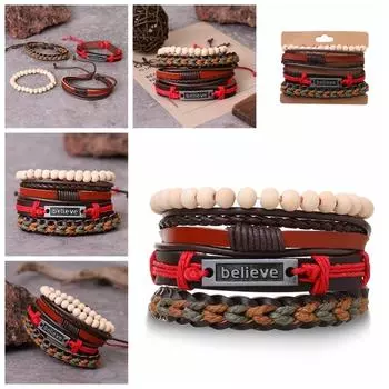 Браслет Винтажный плетеный браслет-манжета Классический мужской кожаный браслет Многослойный браслет красный