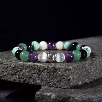 Браслет Водолей Аметист, испанский варисит, перламутр, селенит, черноглазый агат, зеленый авантюрин