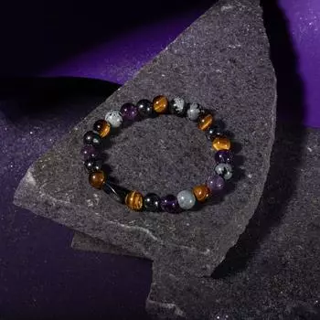 Браслет Водолея Аметист, Золотой обсидиан, Испанский варисит, Тигровый глаз