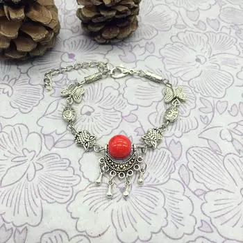 Браслет в этническом стиле из тибетского серебра, женский, антикварные украшения, богемный браслет с нефритом и бабочкой, ретро, ручная работа, универсальные украшения
