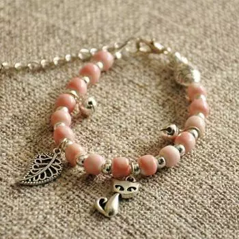 Браслет в этническом стиле с розовой милой подвеской в виде кошки, регулируемые керамические украшения красный
