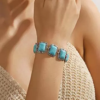Браслет в европейском и американском ретро-богемном этническом стиле, зеленый камень, браслет с индивидуальной резьбой, ретро-серебряный зеленый браслет 18-21cm зелёный