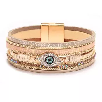 Браслет в стиле бохо Кожаный браслет с бриллиантами в виде глаза дьявола Кожаный браслет с бриллиантами в виде воды 19cm чёрный