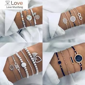 Браслет в стиле бохо с геометрическим узором и наборы браслетов для женщин Винтажная карта звездного неба Подвеска в виде сердца Бусины Цепочки Модные ювелирные изделия Аксессуары
