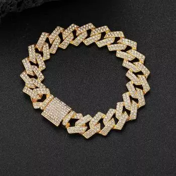 Браслет в стиле хип-хоп, 14 мм, кубинская цепочка в форме ромба, пудрово-белая, полная бриллиантовая хип-хоп-цепочка в форме кубинской цепочки 7 inch серебряный