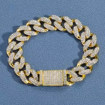 Браслет в стиле хип-хоп 15 мм, трехрядная дрель, кубинская цепочка, полная дрель, индивидуальная хипстерская мужская одежда 7 inch серебряный