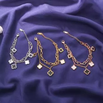 Браслет в стиле хип-хоп, женский, с четырьмя листами клевера, двойная цепочка, титановая сталь, ювелирные изделия, 18-каратное розовое золото, браслет-темперамент