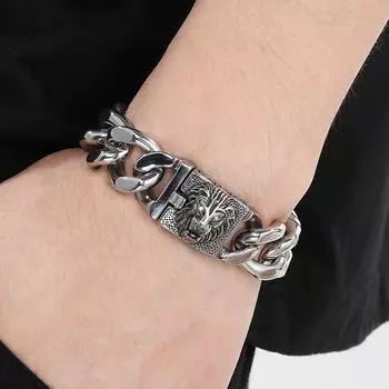 Браслет в стиле панк с головой льва и глазами из фианита, ширина 19 мм, кубинские звенья, браслеты-цепочки, мужские ювелирные изделия, аксессуары 21CM серебряный
