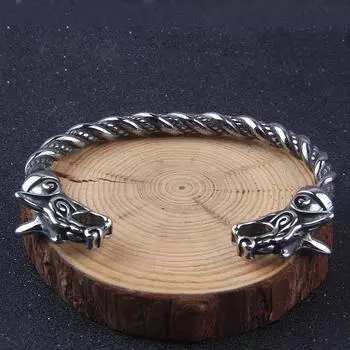 Браслет викингов для мужчин и женщин - кольцо на руку волка и ворона серебряный