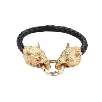 Браслет викингов из нержавеющей стали Мужской кожаный браслет Браслет с головой волка 23CM