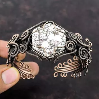 Браслет Wild Horse Magnesite, обмотанный медной проволокой, регулируемый браслет-манжета, ювелирные изделия ручной работы, браслет из натурального драгоценного камня, медный браслет, подарок для него