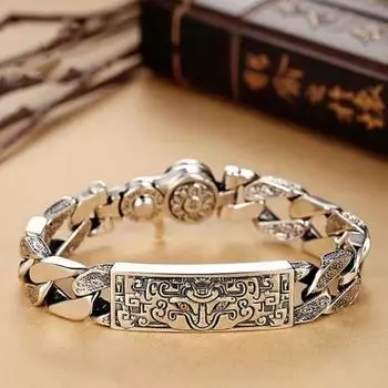 Браслет высокого класса Gluttony Pattern с шестью символами и мантрой для мужчин, модные ретро-модные тайские мужские украшения 18CM серебряный
