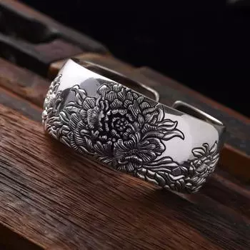 Браслет Zuyin из чистого серебра 99 пробы, ручной работы в этническом стиле, широкий женский браслет ручной работы с цветком пиона, подарок для мамы Adjustable size