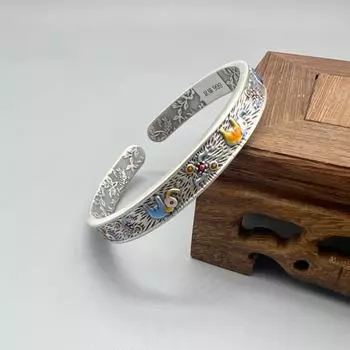 Браслет Zuyin S999 Lucky Elephant с цветной эмалью и цветущим цветком, богатый и благородный, с открытым низом и браслетом в этническом стиле Adjustable size