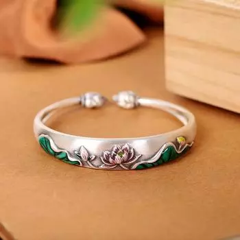 Браслет Zuyin S999 в этническом стиле с синим лотосом и регулируемым отверстием для женского браслета и листа лотоса Adjustable size