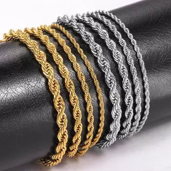 Браслеты-цепочки из витой веревки из нержавеющей стали 2/3/4/5 мм для женщин и мужчин, модный браслет в стиле панк, регулируемая длина 17 см + 5 см 2mm17+5cm серебряный