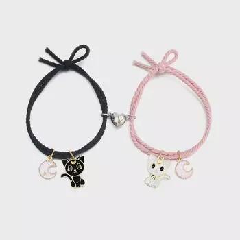 Браслеты для пары «Черно-белая кошка и луна» — магнитная подвеска с эластичной веревкой