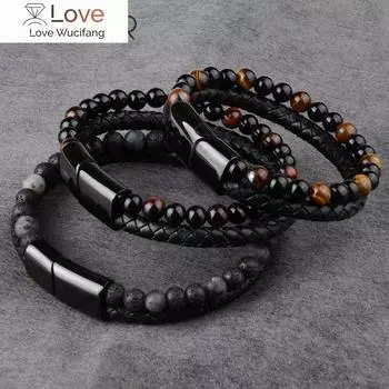 Браслеты из натурального камня, плетеный браслет из натуральной кожи, черная магнитная застежка из нержавеющей стали, браслеты из бисера тигрового глаза, мужские украшения 18.5cm