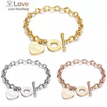 Браслеты из нержавеющей стали с сердечками для женщин, модные браслеты с подвесками, ювелирные изделия с гравировкой текста 18cm золотой