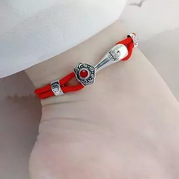 Браслеты из серебра 925 пробы с красной веревочкой на удачу для мужчин и женщин/парные браслеты на ногу, плетеный ручной браслет, цепочка на ногу, китайский этнический стиль Ping An Red Foot Rope (25cm)