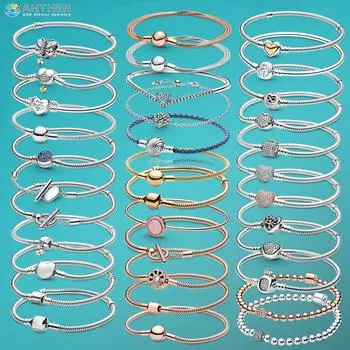 Браслеты из стерлингового серебра 925 пробы, сердцевидные рычаги, синий диск, веерная застежка, сердце, Т-образная цепочка, браслеты в виде змеи, браслеты дружбы 17cm