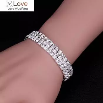 Браслеты из сверкающего серебристого кристалла для женщин, 3 ряда, стразы, эластичные браслеты, женские свадебные украшения для выпускного вечера