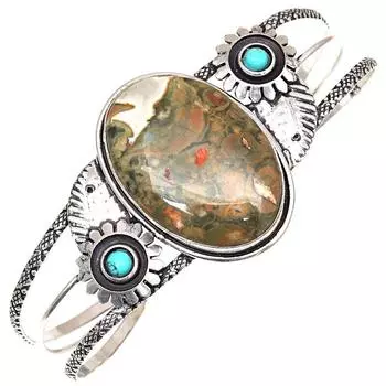 Браслеты-манжеты из этнического серебра с драгоценными камнями из яшмы тропического леса, регулируемые, 7 дюймов