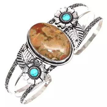 Браслеты-манжеты из этнического серебра с драгоценными камнями из яшмы тропического леса, регулируемые, 7 дюймов