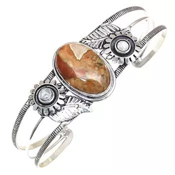 Браслеты-манжеты из этнического серебра с драгоценными камнями из яшмы тропического леса, регулируемые, 7 дюймов