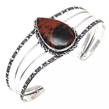 Браслеты-манжеты из красного дерева, обсидиана, этнического серебра, регулируемые, 7 дюймов