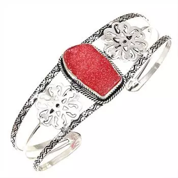 Браслеты-манжеты из серебра с розовыми друзовыми драгоценными камнями, ручная работа, 7 дюймов, регулируемые