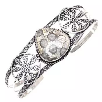 Браслеты-манжеты из старинного серебра с драгоценными камнями из ископаемого коралла, 7 дюймов, регулируемые