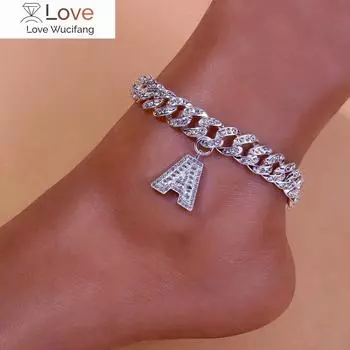 Браслеты на ногу Miami Punk с буквами A-Z для женщин и мужчин, массивные кристаллы, оптовая продажа, новый кубинский браслет на ногу с буквами алфавита, ювелирные изделия с замороженными украшениями 35CM золотой