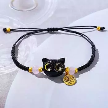 Браслеты на удачу с синими большими глазами и черными кошками для женщин и мужчин, плетеные браслеты с изображением животных из мультфильмов, ручная работа, парные ювелирные изделия в подарок