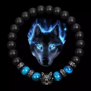 Браслеты-подвески с волком, мужские браслеты из натурального черного агата, оникса, храбрый синий тигровый глаз, эластичные бусины 8 мм, ювелирные изделия из бисера Pulsera 17cm-6.7inch