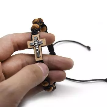 Браслеты с молитвенным крестом и четками 8 мм из натурального дерева, китайские плетеные браслеты с узелками и нитками, регулируемый браслет