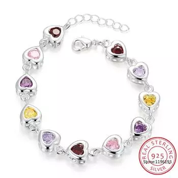Браслеты с сердечками из стерлингового серебра 925 пробы с радужным кристаллом Муассанитом и фианитами для женщин, свадебный подарок