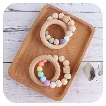 Браслеты Силиконовые бусины Натуральные деревянные сенсорные детские игрушки для прорезывания зубов 6.5cm