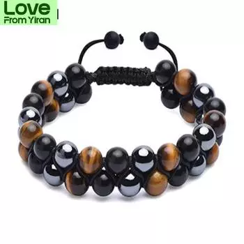 Браслеты тигровый глаз черный желчный камень и обсидиан ручной работы - бисерная нить плетение двойной - слой