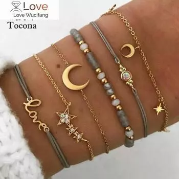 Браслеты Tocona Bohemia Love Moon для женщин, подвески, бусины, золотые звезды, прозрачные кристаллы, камни, веревки, ювелирные изделия, аксессуары 6523 20cm