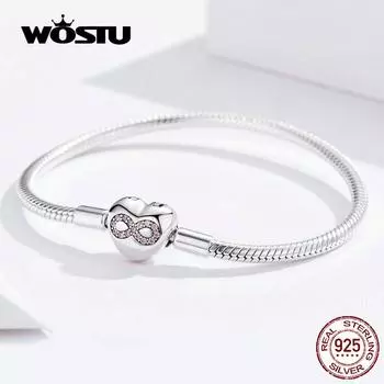 Браслеты WOSTU Heart Infinity Love из 100% стерлингового серебра 925 пробы с розовым цирконием, браслеты-подвески 17cm