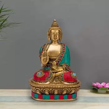 Brass Buddha Vitarka Statue Multicolor Sculpture Idol for Home Decor Vastu Feng Shui Religious Gift Good Luck Idol Table Showpiece