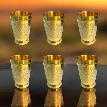 Brass Dining Glass || Drinking Brass Glass || Brass Tumbler with Embosed Design - Capacity 300 ml (Pack of 6 Pcs)