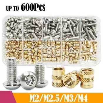 Brass Heat Set Insert Nut Bolt Kit Thread Embedment Copper Nuts and 304 Stainless Steel Hex Socket Screw Hot Melt M2 M2.5 M3 M4