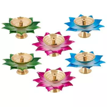 Brass/ Iron Jyot Set of 6 – Multicolor Leaf Design Oil Lamps for Puja, Diwali & Home Dcor with Gift Box